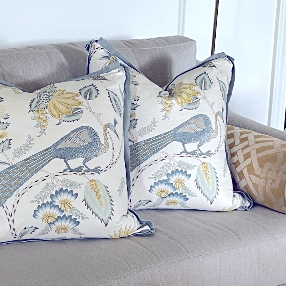 Schumacher Campagne Cadet pillows in Citron. 20” x 20”